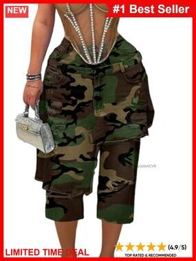 High Waisted Baggy Camo Cargo Capri Pants Wide Leg Raw Hem Streetwear